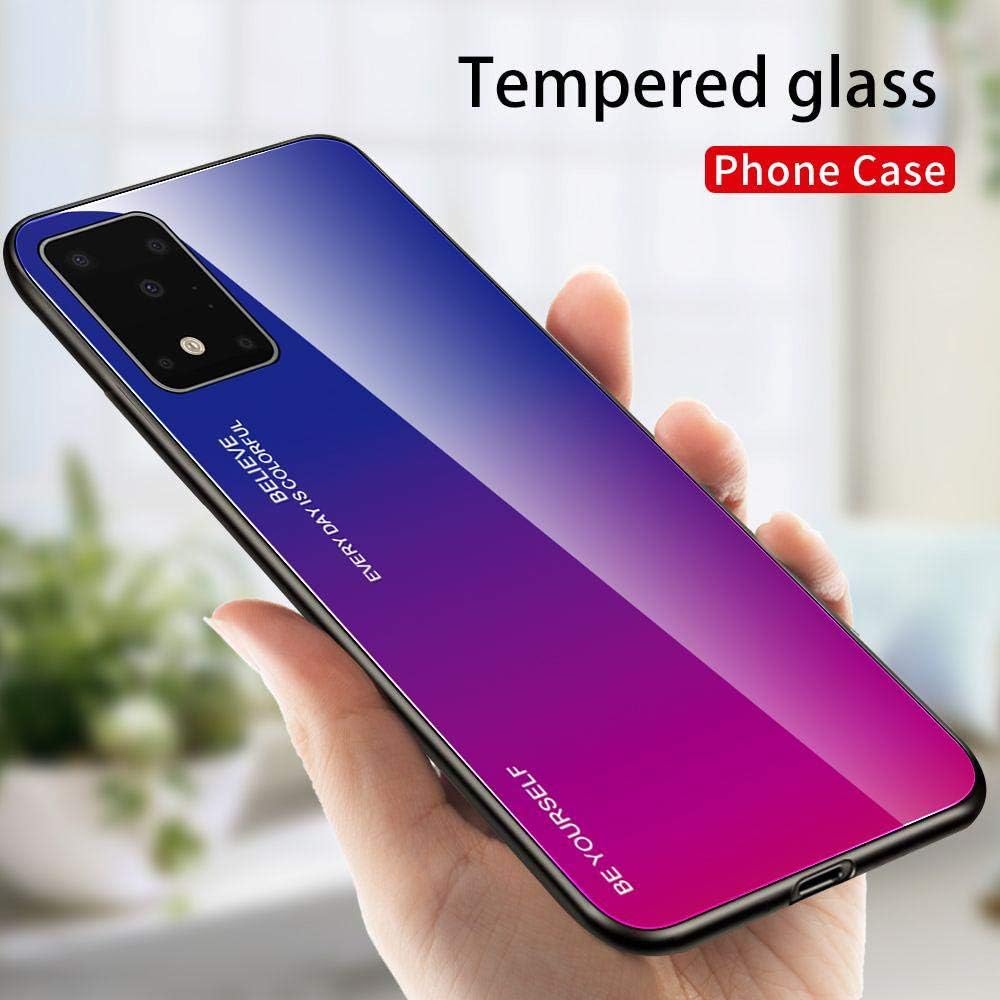 AE Mobile Accessories Luxurious Colourful Toughened Glass Back Case with Shockproof TPU Scratch-Resistant & Soft Siicone Rubber Bumper Back Cover for (Samsung S20, CGB1 Blue-Pink)