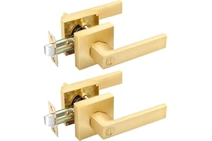EHOMEWARE 2 Pack Gold Door Handles, Privacy Door Levers Bed and Bath Leverset Lockset, Satin Brass Finish, Universal Handing with Square Door Knobs