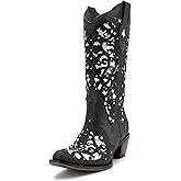 Huntarry Women's Mid Calf Cowboy Cowgirl Boots Embroidered Retro Square Toe Western Boots for Women