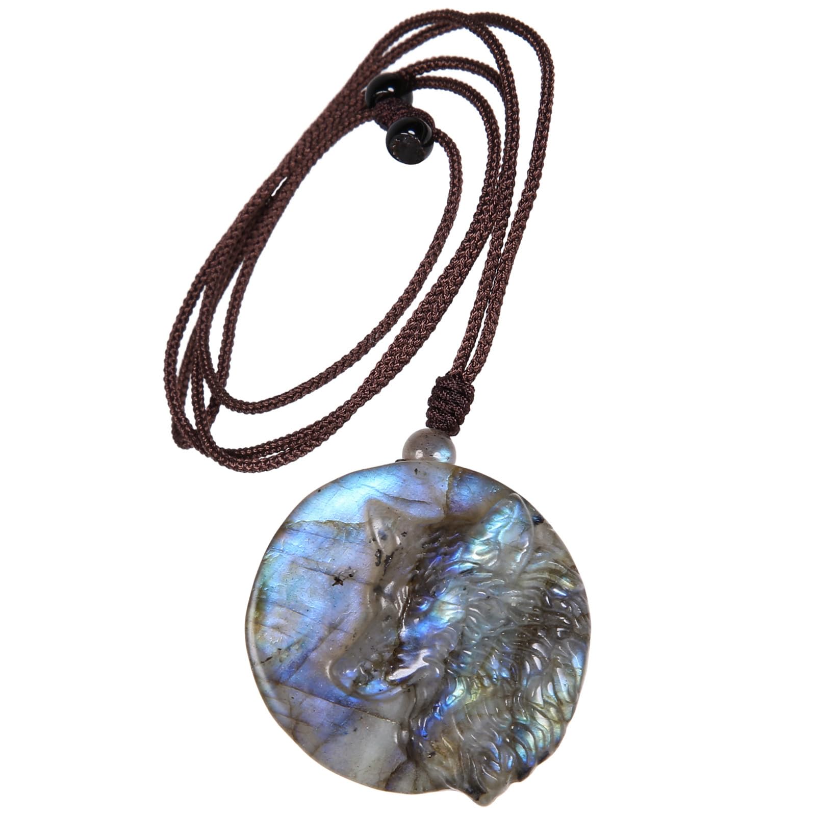 Nupuyai Wolf Labradorite Crystal Stone Necklace for Women Men, Natural Carved Stone Pendant with Adjustable Rope