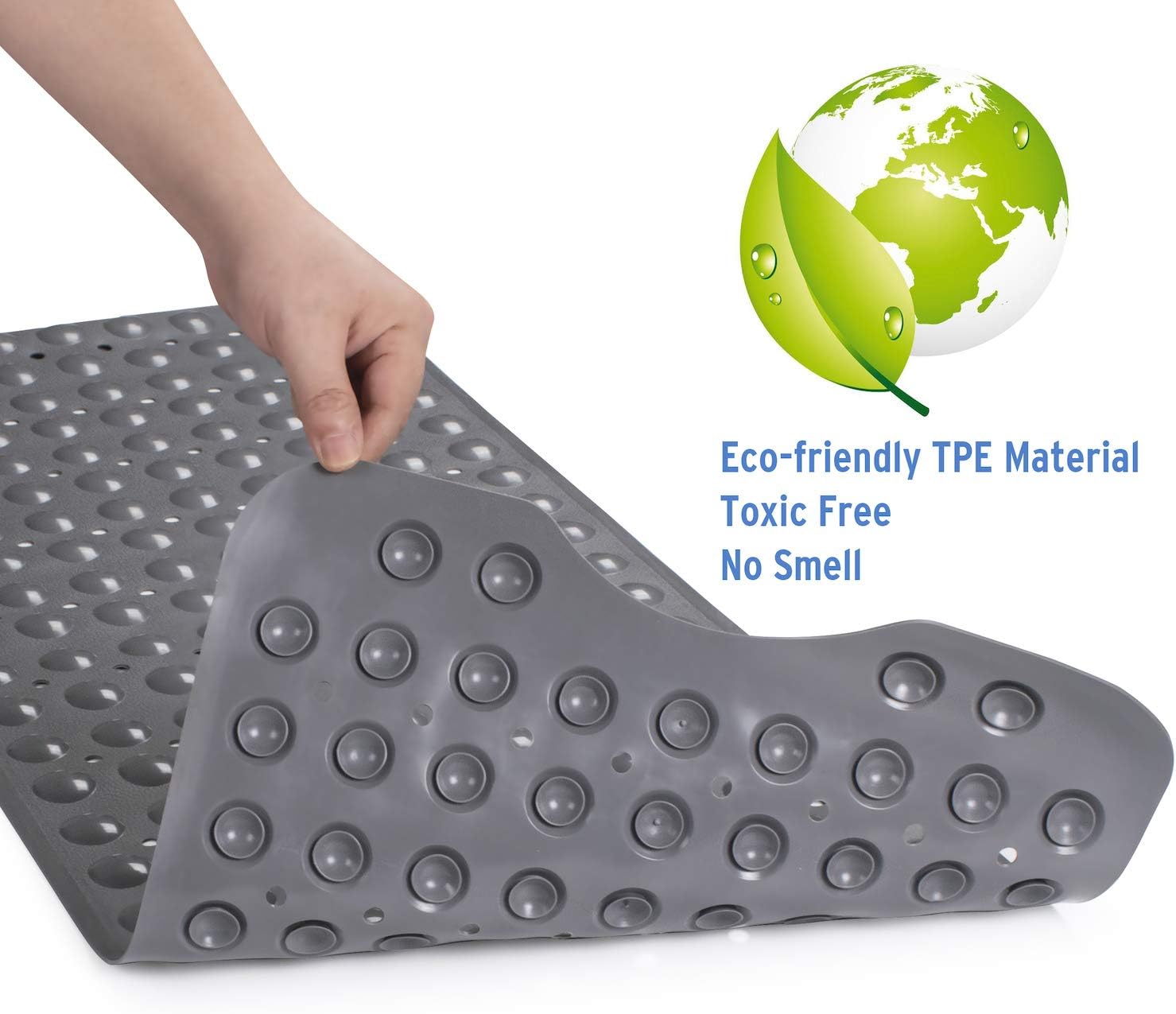 AmazerBath Bath Tub Mat, Larger Suction Cups Bath Mats with Strong Grip, Eco-Friendly TPE Material, Soft and Odorless, Machine Washable, Non-Slip Shower Mats for Bathroom, 39 x 16 Inches (Grey): Home & Kitchen