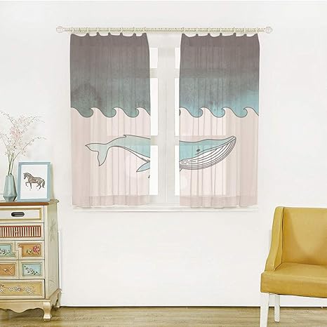 Amazon ミラーレースカーテンレールとタッセル除く 幅100cm 丈100cm昼間中から見えて外から見えにくい クジラ 海で泳ぐ魚パターン水中潜水艦 イラスト ペトロブルーターコイズクリーム カーテン ブラインド オンライン通販