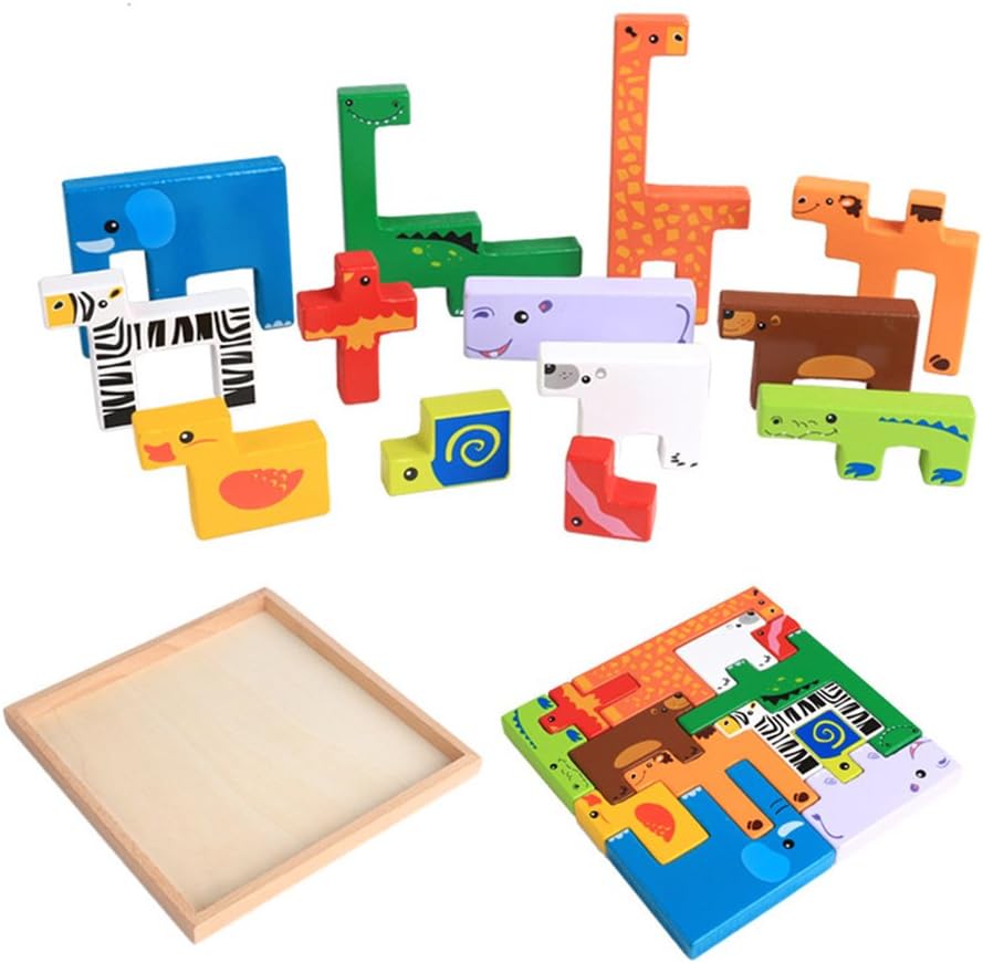 TOYMYTOY Wooden Jigsaw Puzzle Board Wild Safari Animals Wooden Blocks ...