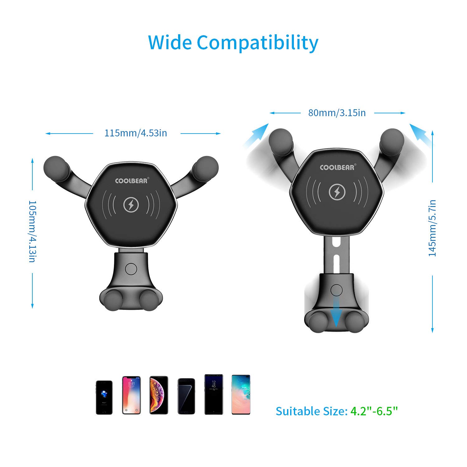 Wireless Car Charger Mount, COOLBEAR Adjustable Qi Gravity Air Vent Phone Holder for iPhone Samsung Nexus LG and All Smartphone Qi Certified