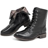 VJH confort Women's Mid Calf Boots Lace-up Military Combat Low Heel Booties with Zipper