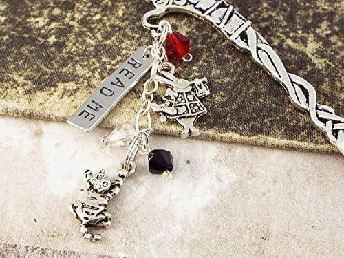 Read Me Alice in Wonderland Teapot Beaded Bookmark with White Rabbit and Cheshire Cat Charms