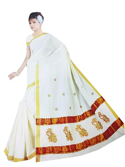 Womens Designer Cotton Kerala Traditional Saree with Golden Border