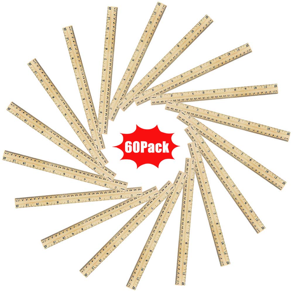 LovesTown 60 Packs Wood Rulers,2 Scale 30cm & 12inch Student Rulers Wooden School Rulers Office Ruler Measuring Ruler for Students Teachers Experiments Crafts