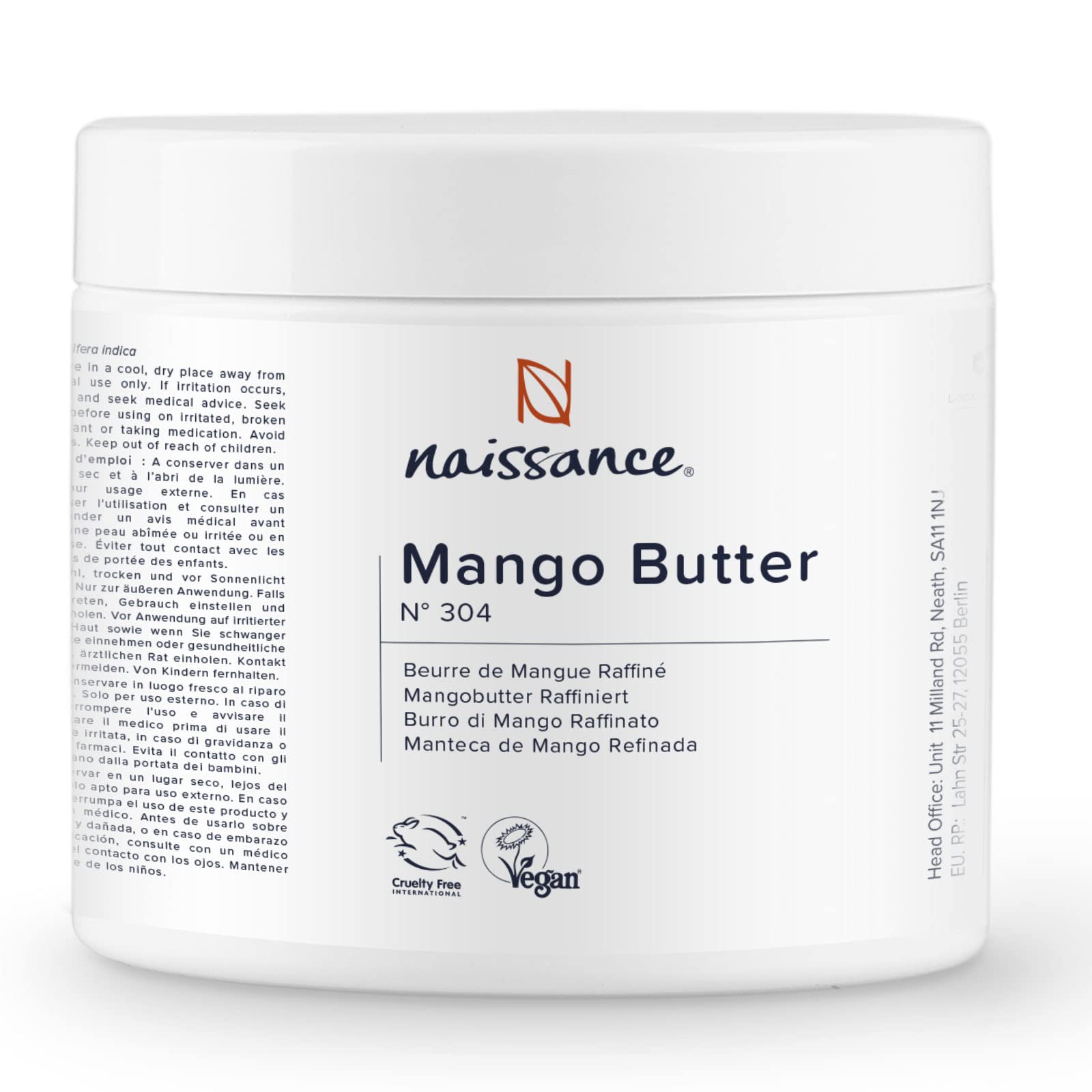 Naissance Refined Mango Butter (No. 304) - 250g - Moisturising and Nourishing - for Aromatherapy, Skincare, Haircare, Massage and DIY Beauty Recipes
