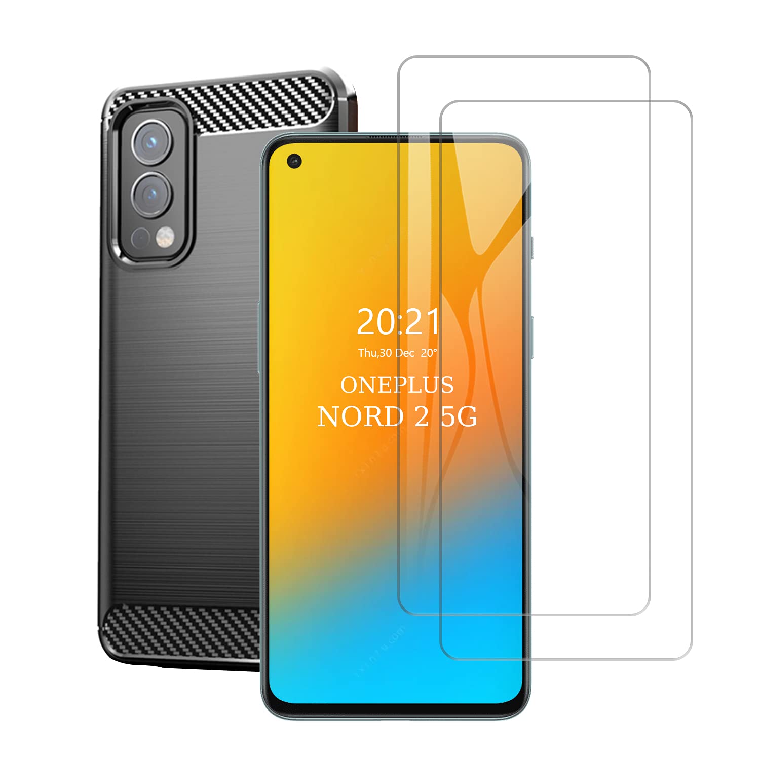 SCL Case for OnePlus Nord 2 5G Case and Screen Protector OnePlus Nord 2 5G Tempered Glass and Phone Case [Black], Carbon Fibre Effect Gel Grip Protection Cover [Anti Scratch][Anti Collision] Case — image 1