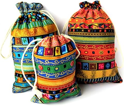 Gift pouches / bags drawstring 15 pcs mix of 2 sizes (Big: 6.9 x 4.9 inches & Small: 4.7 x 3.5 inches) Linen Cotton Ethnic style Wedding Favors Jewelry Sachet DIY crafts Baby Shower Party gifts