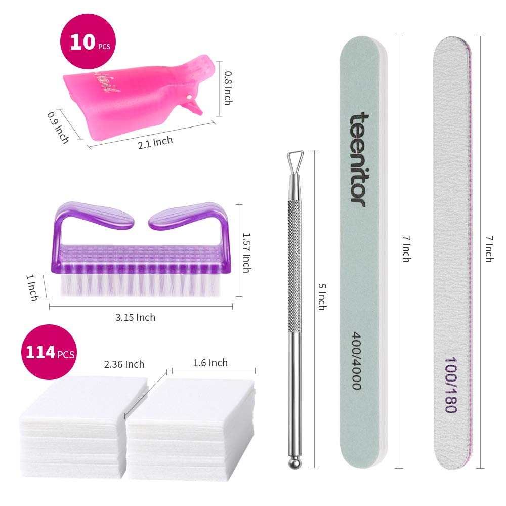 Teenitor Nail Gel Remover Tools Kit with Pink Polish Remover Clips, Cuticle Peeler Scraper, Gel Nail Brush, 115 Pack Nail Wipe Cotton Pads, Nail File Grits 120/180 Buffer Block Grits 400/4000 : Beauty