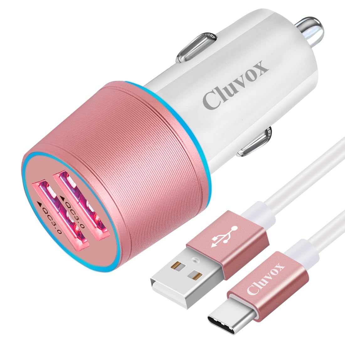Fast USB Car Charger for Samsung Galaxy A56/A55/A54/A53/A50/A17/A16/A15/A14/S26/S25/S24/S23/S22 Plus/Ultra/Note 20/A21/A31/A51 Quick Charge 3.0 Dual USB Rapid Car Charger with Type C Cable 3.3ft-Pink