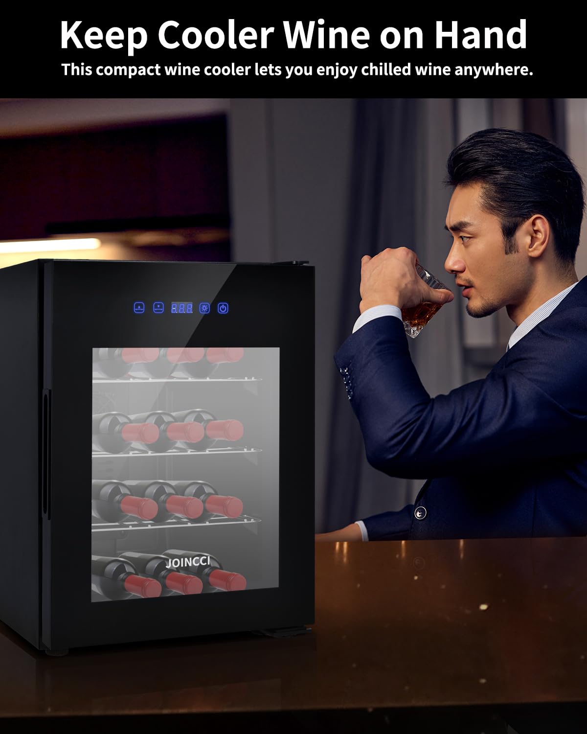 JOINCCI 12 Bottles Wine Cooler Refrigerator 46℉-60℉Temperature,Thermoelectric Mini Countertop Wine Fridge with Double-Layer Tempered Glass Door Wine Cellar for Red Wine for Home,Kitchen or Office