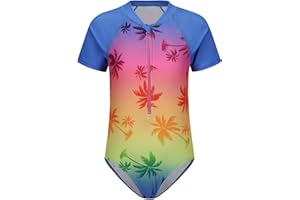 MOON TREE Girls One Piece Swimsuits Short Sleeve Rash Guard for Girl Hawaiian Bathing Suit with Sun Protection Beachwear