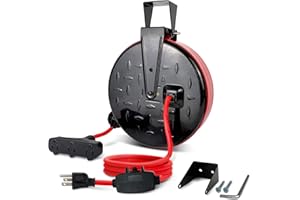GREATIDE 30 Ft Retractable Extension Cord Reel, 16/3 SJTW Power Cord with 3 Electrical Outlets and 10 Amp Circuit Breaker, Ceiling or Wall Mount, Metal Plate, UL Listed, Red