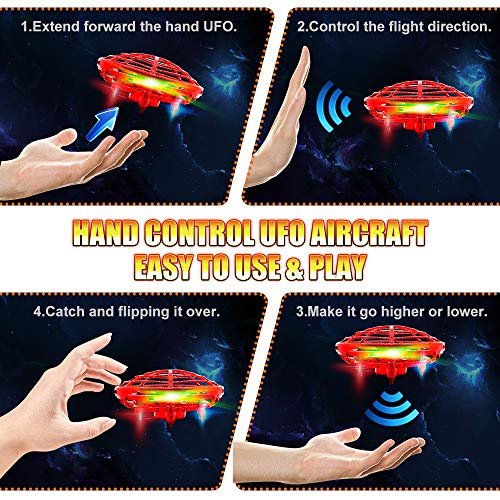 Hand Drones, Hand Controlled Drones, econoLED Boy Toys Kids Hand Operated Flying Ball Drone - Hands Free Mini Flying Ball Helicopter with 2 Speed & 5 LED Lights for Boys, Girls, Kids, Toddlers (Red)