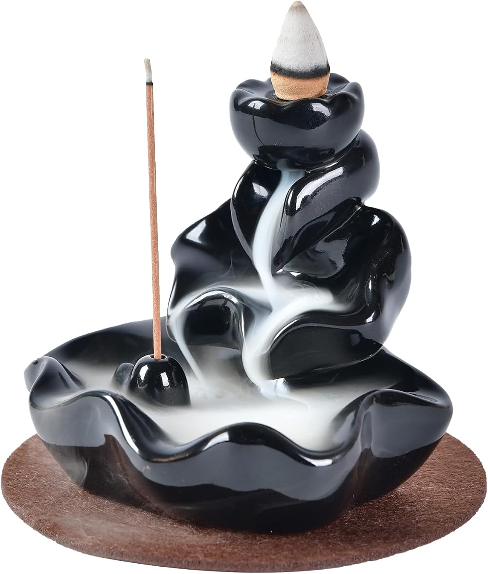 YYW Handmade Ceramic Backflow Incense Burner, Lotus Leaf Design