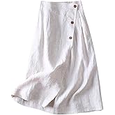 loveimgs Women's Summer Linen Button Front Elastic High Waist Swing A Line Midi Skirt