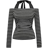 SOLY HUX Women's Y2k Striped Off The Shoulder Halter T Shirts Long Sleeve Fitted Tops Grunge Clothes