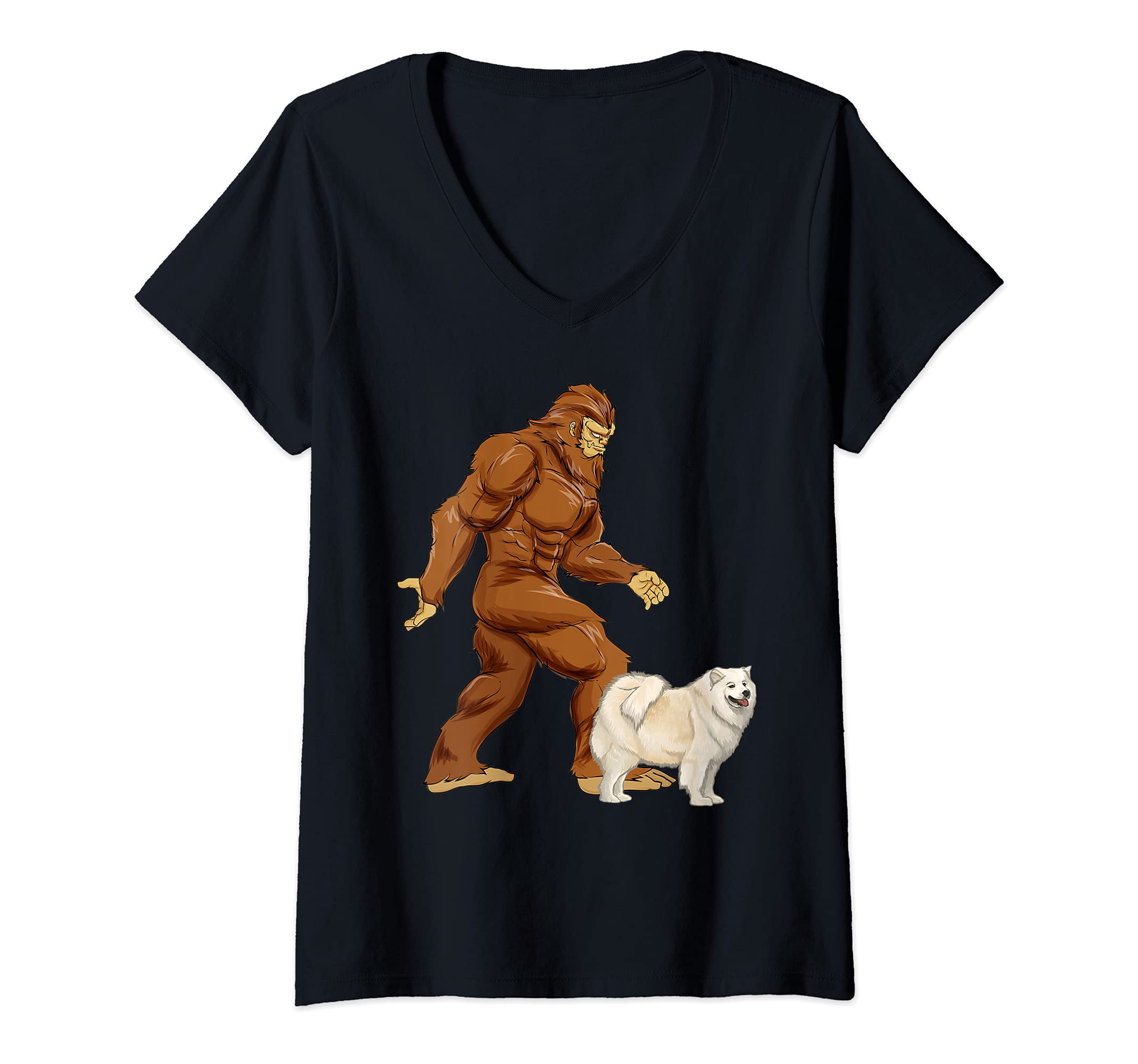 Womens Funny Bigfoot Walking Samoyed Sasquatch Dog V-Neck T-Shirt