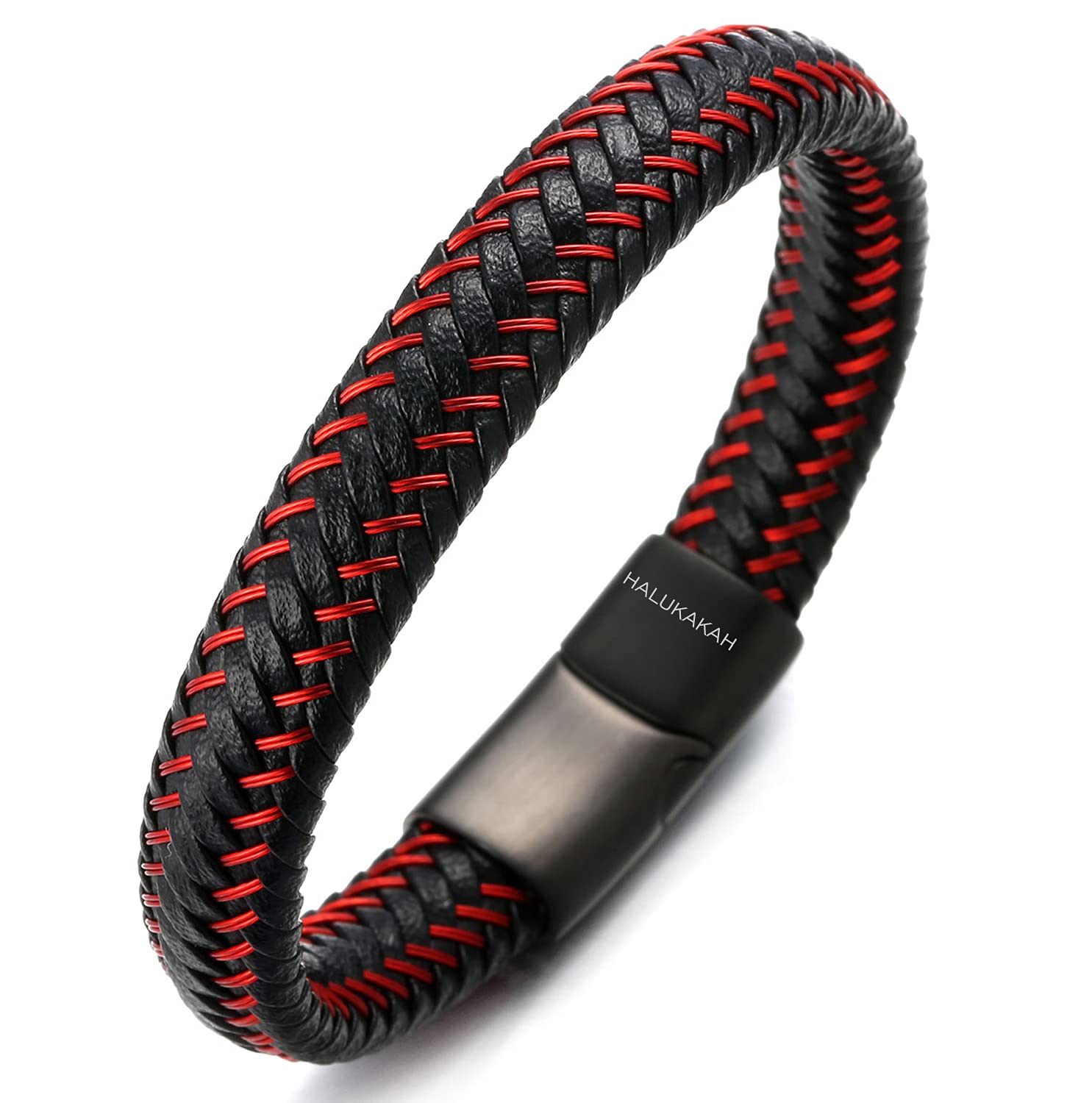 HALUKAKAH Plus ● Jazz ● Men's Genuine Leather Bracelet Titanium Magnetic Clasp with Free Giftbox (Red 21.5cm)