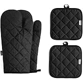 Oven Mitts and Pot Holders 4 pcs Set,High Heat Resistant 500 Degree Extra Thicken Long Kitchen Cotton Oven Glove for Cooking (12 Inch,Black)