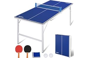 REAHOISY Mid-Size Portable Ping Pong Table, Compact Foldable Table Tennis Table Set w/Net, 2 Paddles & 2 Balls for Indoor Outdoor, Small Spaces and Apartments, Thickened Aluminum Frame