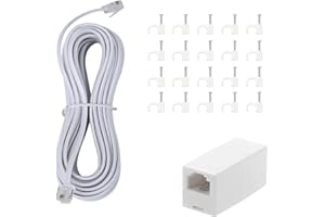 TOYAYAYO Long Telephone Extension Cord Phone Cable Line Wire, with Standard RJ11 Plug and 1 in-Line Couplers and 20 Cable Cli