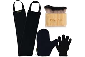 BOLITFU 4 Pack Self Tanning Mitt Applicator Kit - 1 Self Tan Mitt, 1 Back Tanning Applicator, 1 Ultra Soft Self Tanner Brush, 1 Exfoliating Glove, for Sunless Streak-Free Fake Tan (Black)