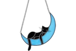 YT3 STUDIO Sleeping Black Cat on Moon Stained Glass Windows Hangings, Stained Glass Cat Suncatcher Decor Cat Gifts for Cat Lovers Cat Memorial Gifts Cat Ornament Black Cat Halloween Decor