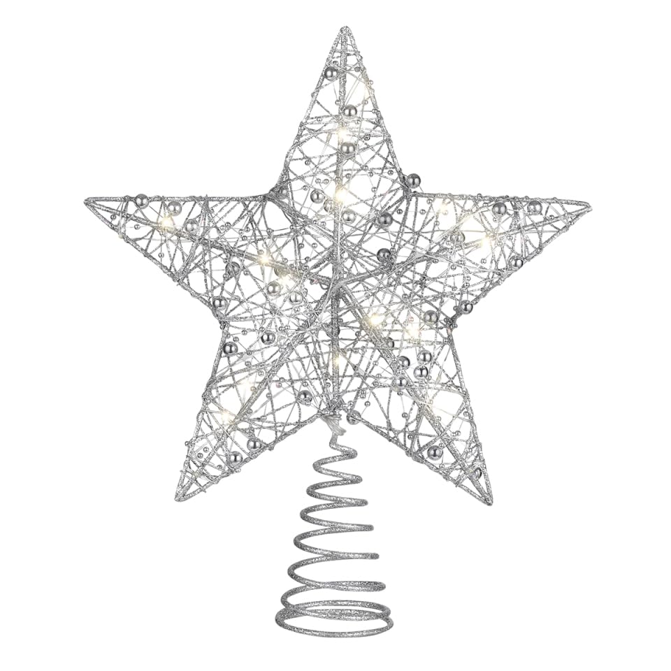 STOBOK Christmas Tree Topper,Star Glittered Lights Xmas Tree-top Lamp Ornament Party Home Christmas Tree Decor,Silver,30CM x 25CM