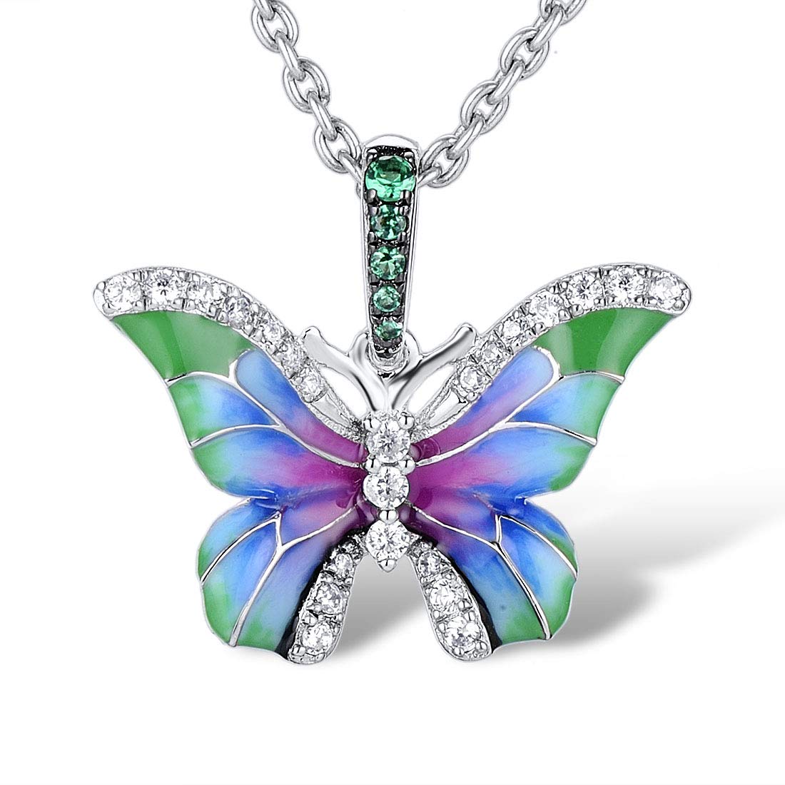 namana Stunning Butterfly Pendant Necklace for Women. 925 Sterling Silver Necklaces for Women with Green and White Cubic Zirconia Gemstones and Colourful Enamel Details.