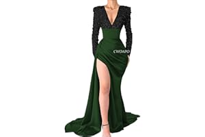 CWOAPO V Neck Sequin Long Sleeve Prom Dress Satin Mermaid Gala Dresses for Women Formal Wedding Party Evening Gowns with Slit
