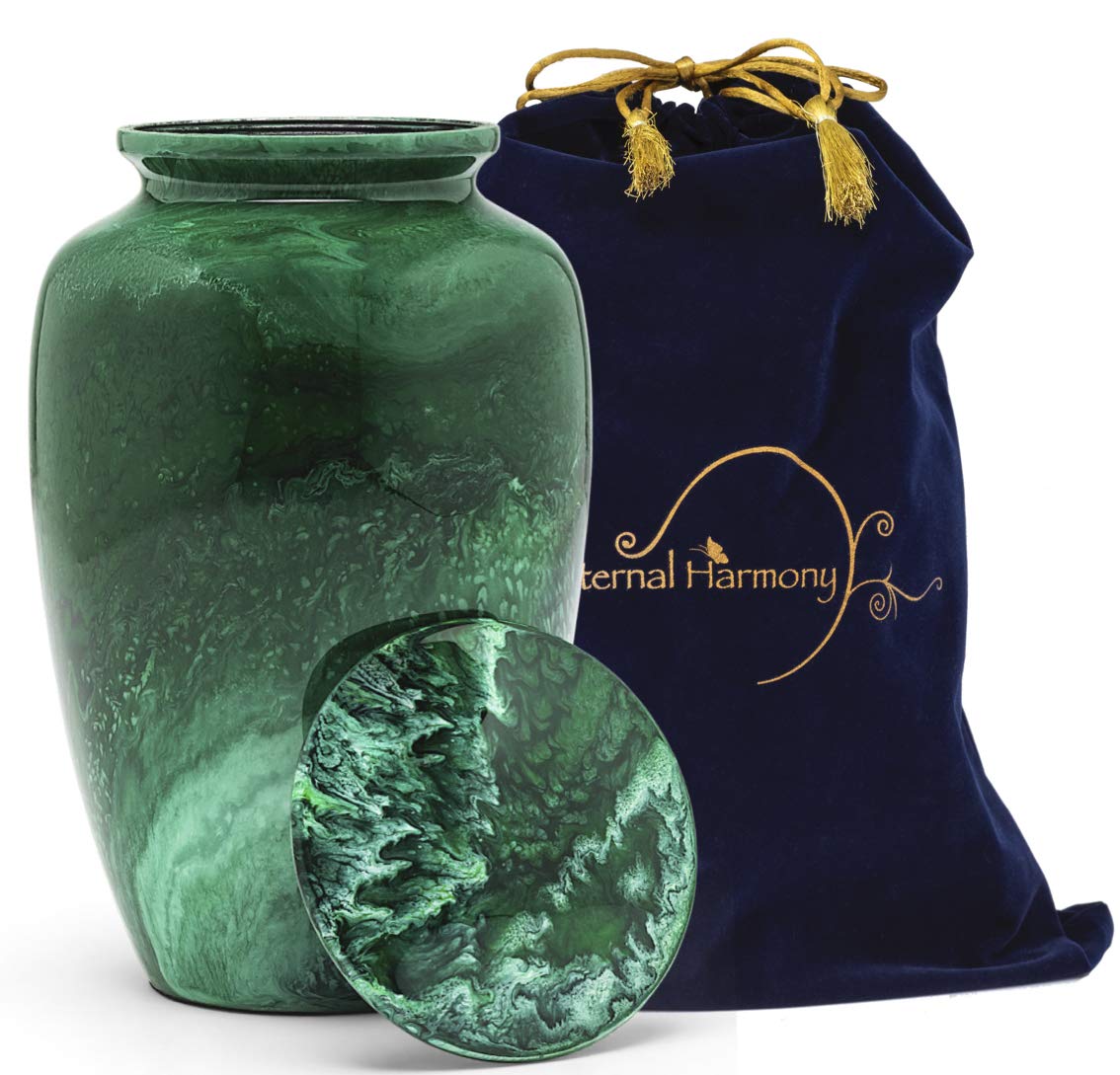 Eternal Harmony Cremation Urn | Handcrafted Memorial Urn with Elegant Finishes - Large Size with Velvet Bag (Green Milo) โ image 1