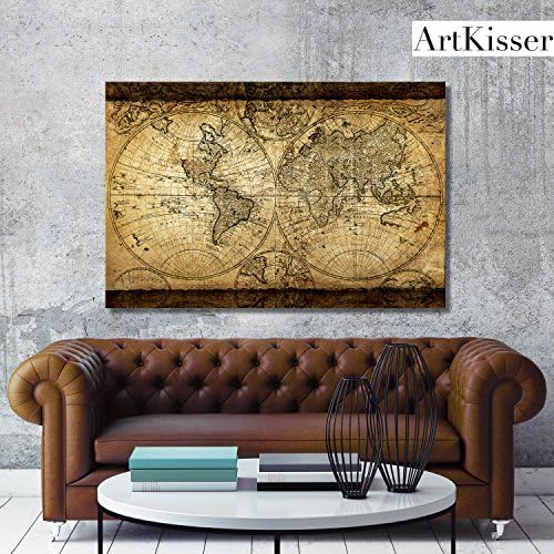 Vintage World Map Canvas Wall Art Retro Map of the World Canvas Prints Framed and Stretched for Living Room Ready to Hang 24"x35"