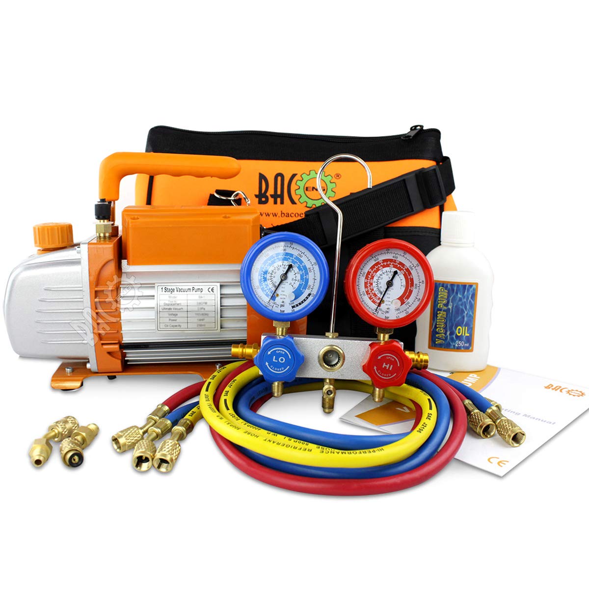 BACOENG 3CFM Vacuum Pump Set - HVAC A/C Refrigeration Kit with 2 in 1 Hose, 3-Valve Distributor, Tool Set for R407C R22 R134a R410A - w/Case