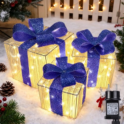 iBaycon Weihnachtsbeleuchtung Beleuchtete Geschenkboxen,140 LED Lichterkette Außen Weihnachten,Timer Blau Geschenkboxen Weihnachtsdeko Warmweiß Weihnachtsbeleuchtung Außen Garten Rasen Hof,3 Stück