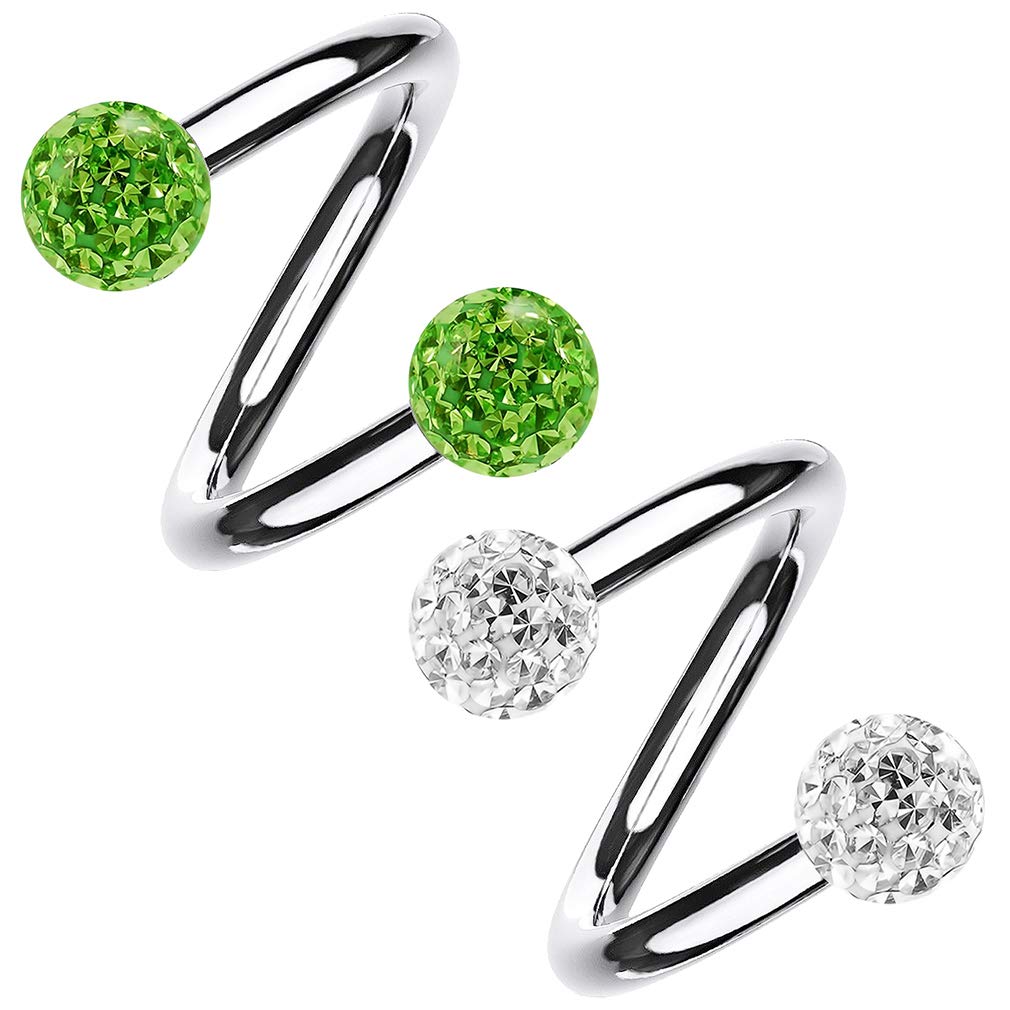 Bling Piercing 2pc 1.2mm 16g 1.2mm Sparkly Crystal Spiral Barbell Cartilage Earring Surgical Steel Twister Spiral Lip Ring 8mm - Peridot