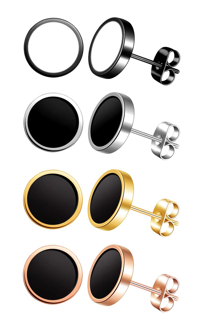 Stainless Steel Round Stud Earrings for Men Women - Silver Black/Gold Black/Rose Gold Black/Black White 4 Pairs Set