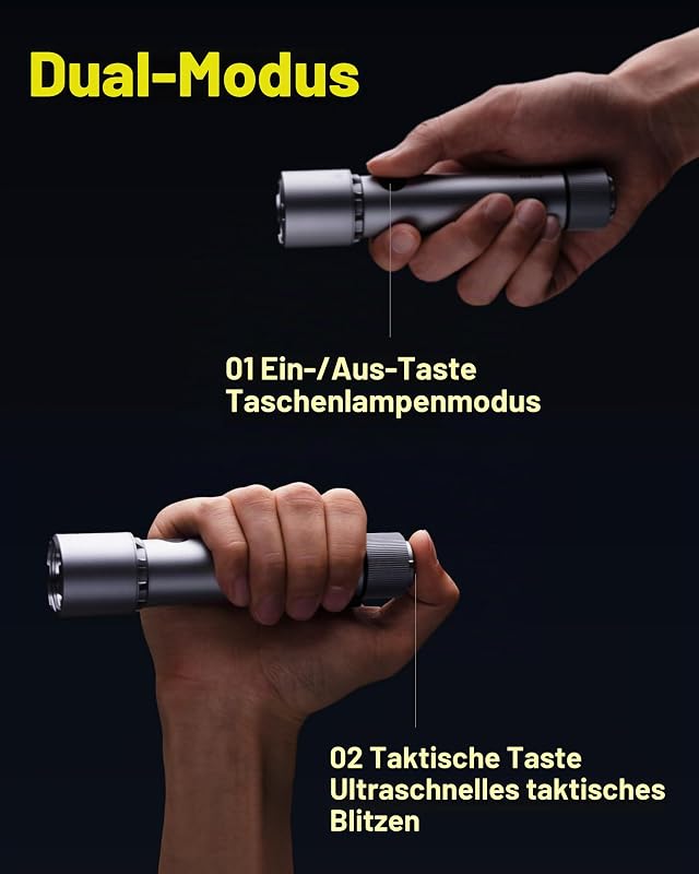 Taktische Taschenlampe LED Aufladbar mit Strobe-Modus, USB C