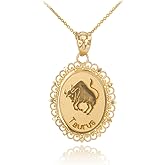 Fine 14k Yellow Gold Filigree-Style Oval Frame Taurus Zodiac Sign Pendant Necklace