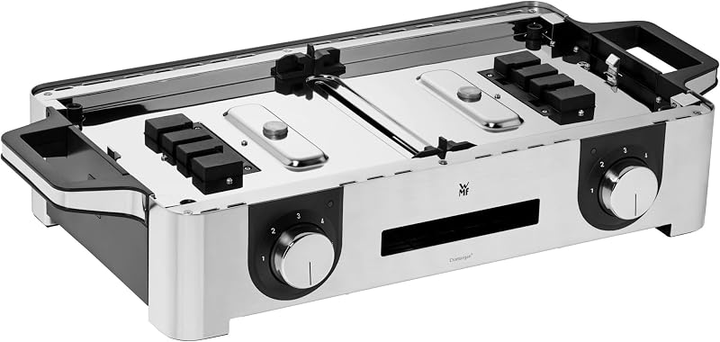 Wmf lono mastergrill, churrasqueira elétrica, 2400 w, superfície antiaderente, regulador de temperatura, 2 placas removíveis, acabamentos em aço inoxidável cromargan, cor prata/preta