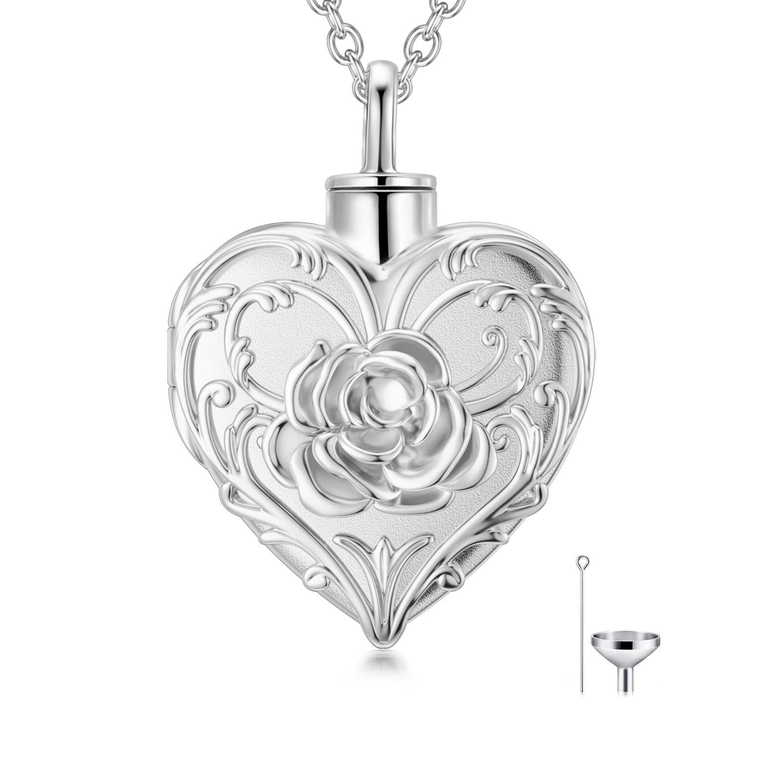 SOULMEET White Gold Plated Flower Rose Cremation Jewelry for Ashes, Heart Rose Urn Necklace that Holds Human Dog Cat Ashes, Carry Memorial Jewelry to Keep Someone Always with You — image 1