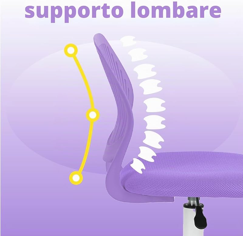 Sedia da scrivania per bambini, regolabile in altezza, girevole, con schienale con piccolo foro, adatta per camera dei bambini o sala studio, colore: viola — foto 7 di 8