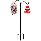 Gtongoko Double Shepherds Hook for Outdoor, 76 Inch Bird Feeder Pole with 5 Prongs Base, 5/8 Inch Thick Heavy Duty Adjustable Garden Hook for Hanging Plant, Lantern, Hummingbird Feeder, 1 Pack