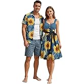 DRESSFO Couple Matching Hawaiian Outfits Allover Flower Print Sundress or Vacation Men's Button Up Shirt Outfit
