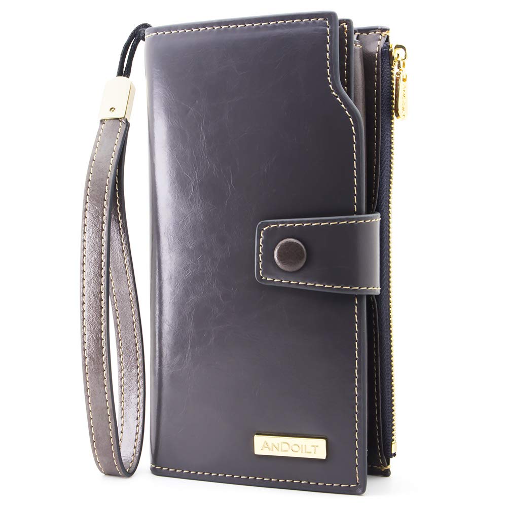 ANDOILT Ladies Purse Wallets for Women RFID Blocking Large Capacity Luxury Wax Genuine Leather Clutch Wallet Card Holder Grey