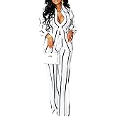 Remelon Women's Casual Two Piece Outfits Striped Long Sleeve Collar Button Down Shirt Blouse High Waist Wide Leg Pants Sets
