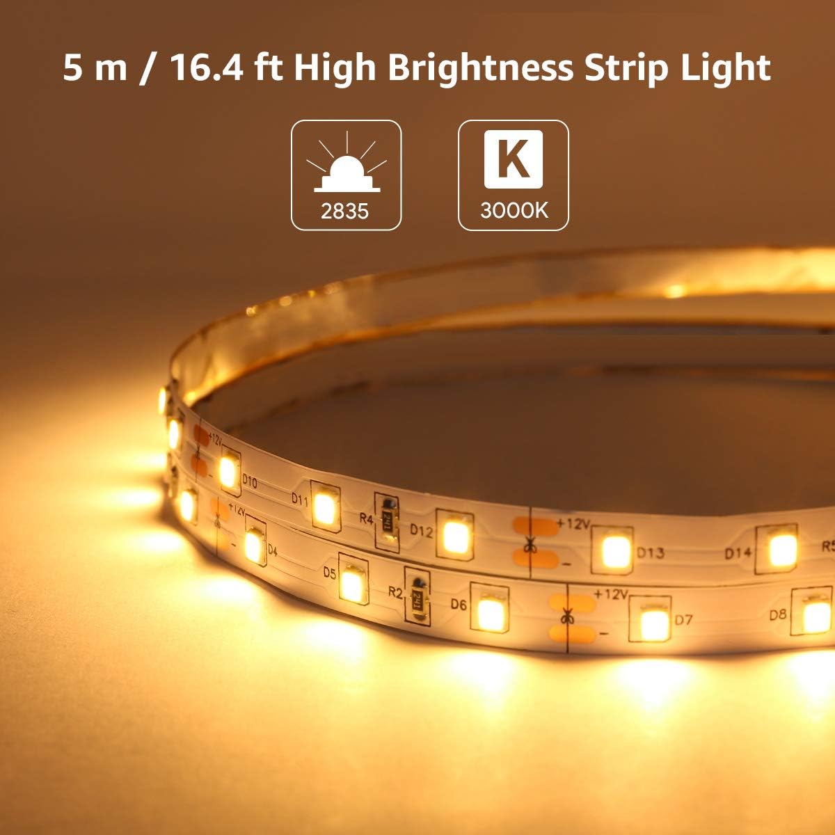 Lepro Warm White LED Strip Lights 5M (No Plug, Striplight Only), 300 LEDs, 2300lm, 3000K - Image 3